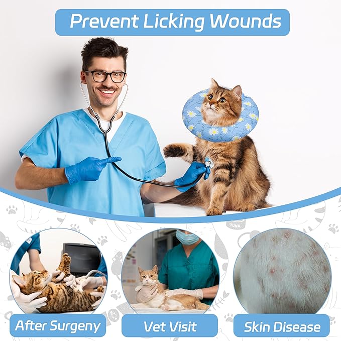 Seyezo Cat Cone Collar Soft, Adjustable Cat Recovery Collars Kitten Cones to Stop Licking, Cute Donut E Collar After Surgery, Anti-Lick Wound Healing Elizabethan Collar for Kitten(Blue Daisy, Medium)