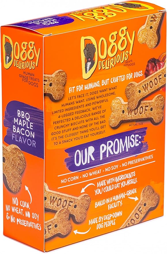 Doggy Delirious Crunchy Dog Treats – for All Pet Sizes, Breeds – All-Natural Puppy Treat – 100% Human-Grade – Delicious Pet Treat Bones, Snacks for Dogs – BBQ Maple Bacon, 16 Oz.