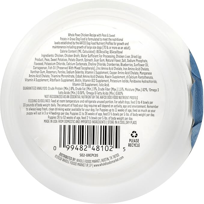 Whole Paws, Wet Dog Food Chicken Recipe with Peas & Sweet Potatoes in Gravy, 3.5 Ounce