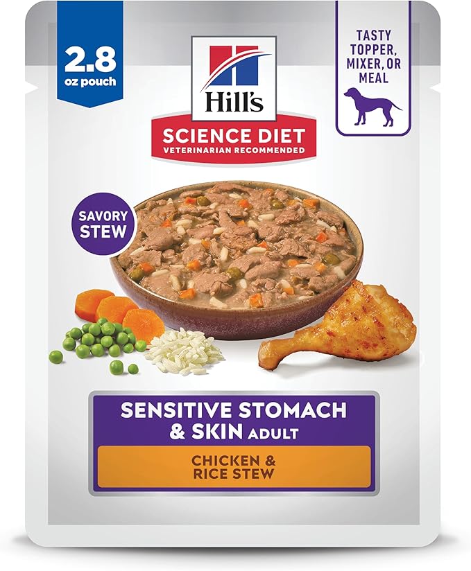 Hill's Science Diet Sensitive Stomach & Skin, Adult 1-6, Stomach & Skin Sensitivity Support, Wet Dog Food, Chicken & Rice Stew, 2.8 oz Pouch, Case of 24