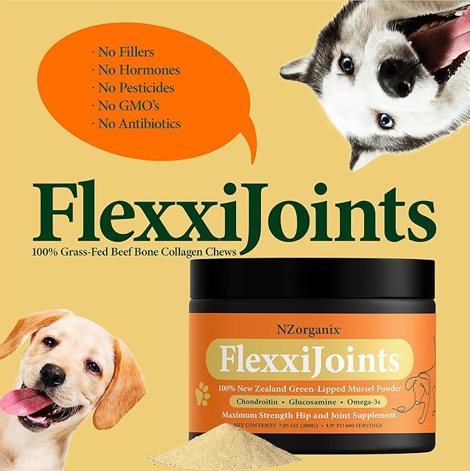 NZorganix FlexxiJoints Hip and Joint Supplement Chews for Dogs, Cats • 100% Grass-Fed Beef Bone Collagen New Zealand Green-Lipped Mussels • 50 Chews 2-Pack