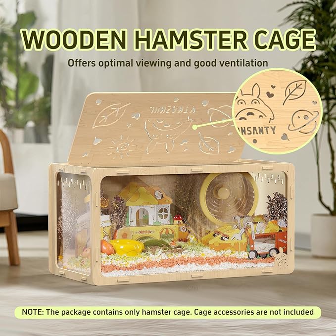 32 inch Wooden Hamster Cage, Large Habitat, Openable Top, Transparent Acrylic for Interior View, Ventilated, Easy to Clean, for Syrian Hamster, Dwarf Hamster, Gerbil, Other Small Pet Animals