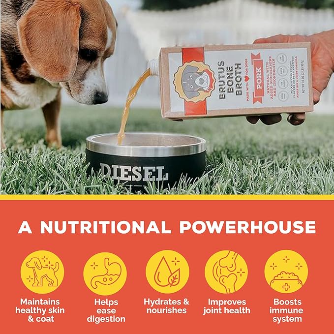 Brutus Bone Broth Liquid for Dogs | All Natural | Made in USA | Glucosamine & Chondroitin for Healthy Joints | Human Grade Ingredients | Hydrating Food Topper, Gravy & Treat (Pork, 2-Pack)