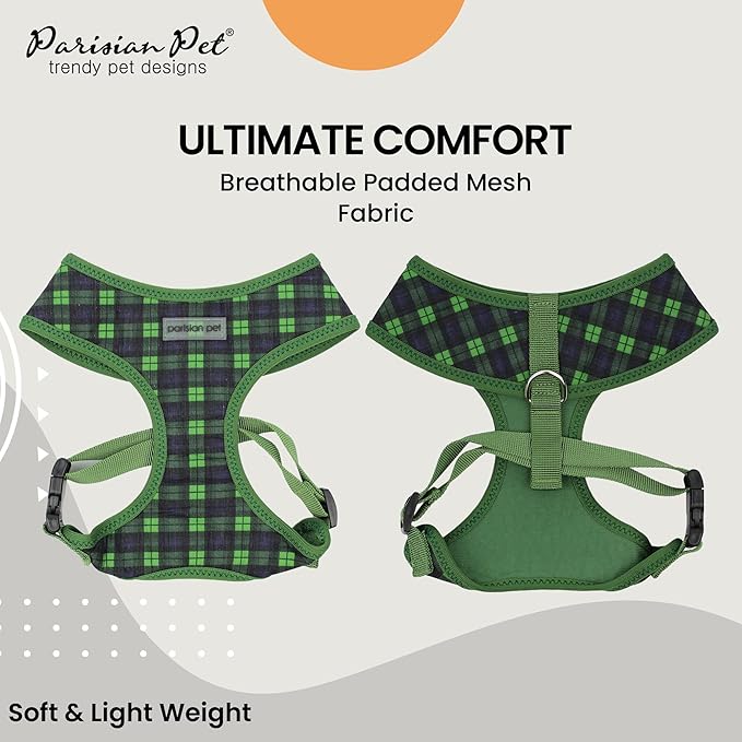 Parisian Pet Green Plaid Dog Harness - Breathable No Pull Puppy Harness with Leash Ring - Adjustable Harnesses for Dogs - Soft Padded Step-in Pet Vest - Lightweight Dog Vests for Small Sized Dogs