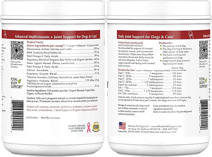 Wholistic Pet Organics - Hip and Joint Supplement for Dogs & Cats - Cat & Dog Joint Supplement - Green Lipped Mussels, Glucosamine, Chondroitin for Dogs & Cat Mobility Support - 1 Lb - 45 Scoops