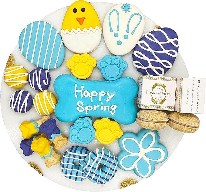 Bonne et Filou Easter Dog Treats Gift Basket Box Human Grade 22 Luxury Snacks with Dog Macarons, Truffles & Bone Cookies, Healthy and Delicious Mix for Medium to Large Dogs