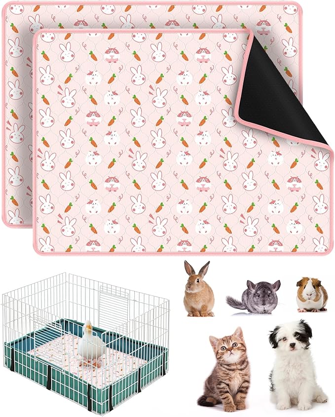 Bissap 2 Packs Guinea Pig Cage Liners, 18''X24'' Washable Guinea Pig Pee Pads Non Slip Reusable Fast and Super Absorbent Bedding for Small Animals Rabbit Hamster Chinchillas Rat - Pink