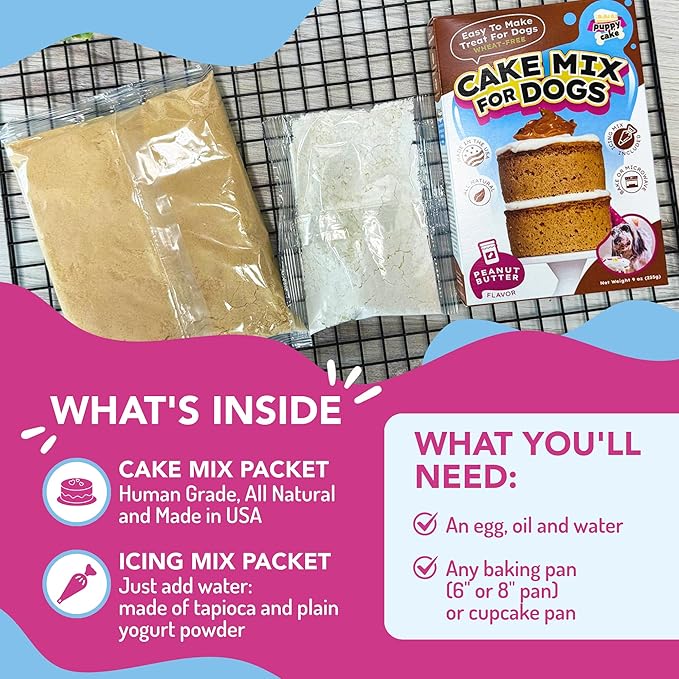 Puppy Cake Peanut Butter Dog Birthday Cake Mix with Icing - Wheat-Free, Easy to Bake/Microwave - Natural Ingredients - Made in The USA