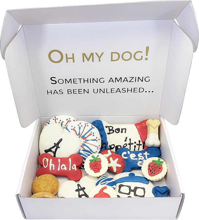 Bonne et Filou French Style Dog Treats, Gourmet Gift Box, 21 Luxury Macarons, Truffles & Bone Cookies, Healthy & Delicious Snacks for Medium to Large Dogs