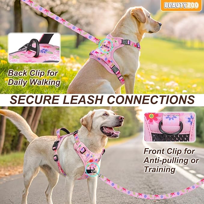 BEAUTYZOO No Pull Dog Harness and Leash Set with 2 Metal Leash Clips - Overhead-Free 3 Snap Buckles Design, Adjustable No-Choke Soft Padded Reflective Oxford Pet Vest for Small Medium Large Dogs, XL