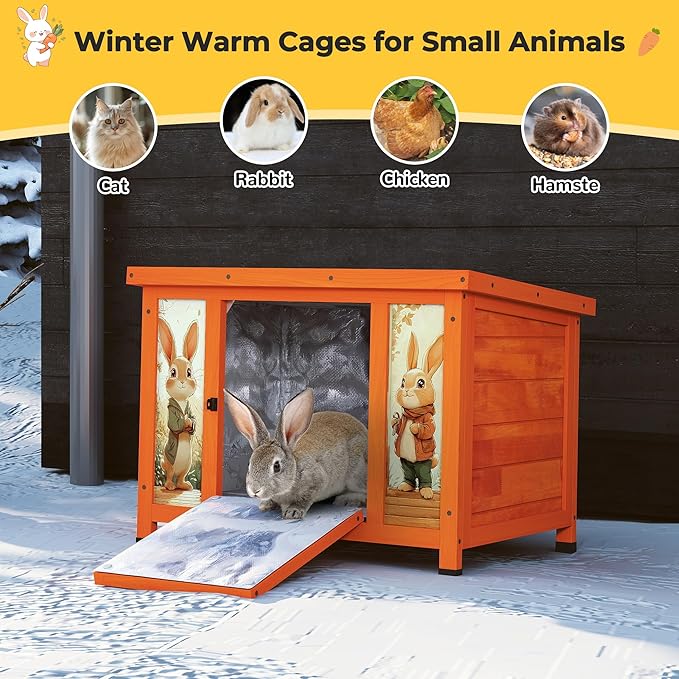 Coziwow 25" Insulated Cat House Bunny Hutch for Outdoor & Indoor Use - Solid Wood Rabbit Cage with Winter Warm Liner, Lightweight Weatherproof Shelter for Cats, Rabbits, Small Animals (Orange)