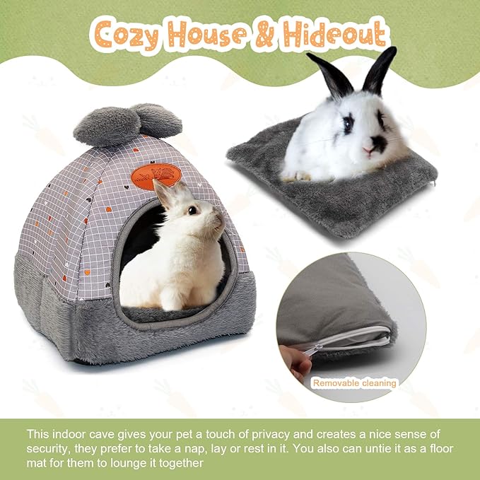 YUEPET Bunny Bed Warm Guinea Pig Cave Beds Cute Bowknot House Big Hideouts Cage Accessorie for Dwarf Rabbits Hamster Bunny Ferrets Rats Hedgehogs Chinchilla (Grey Grid)