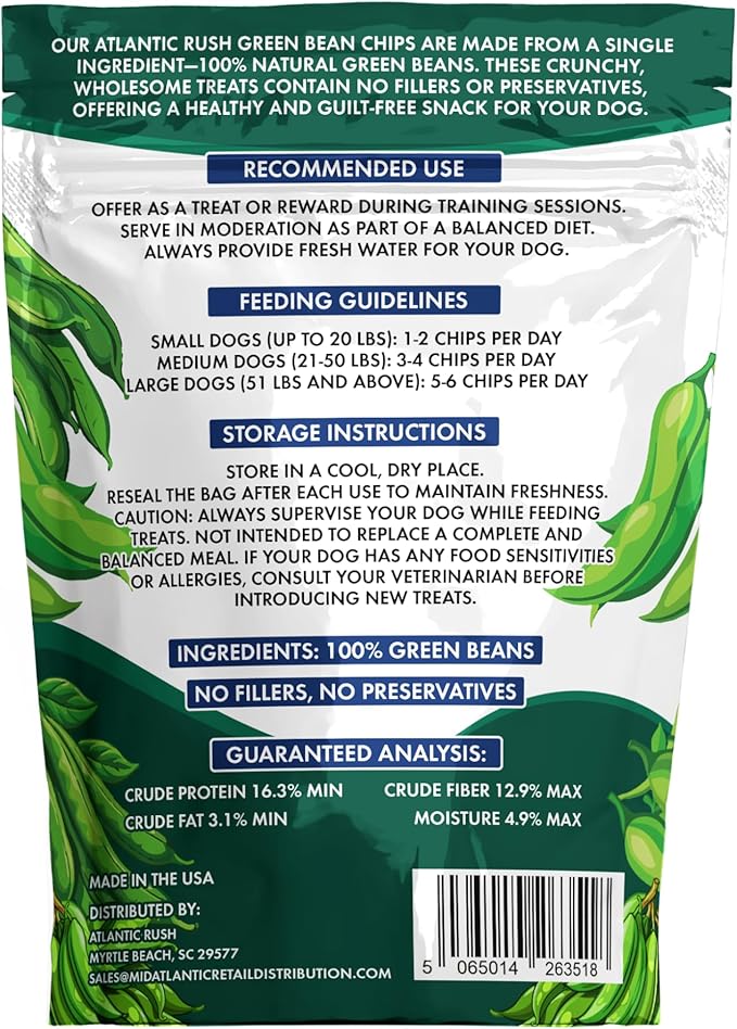 Atlantic Rush Freeze Dried Green Bean Chips for Dogs- 1oz Resealable Bag of Dried, Green Crispy Beans- Single Ingredient, No Salt or Canola Oil- Crispy, Shelf Stable - Made in USA (1 oz Bag)