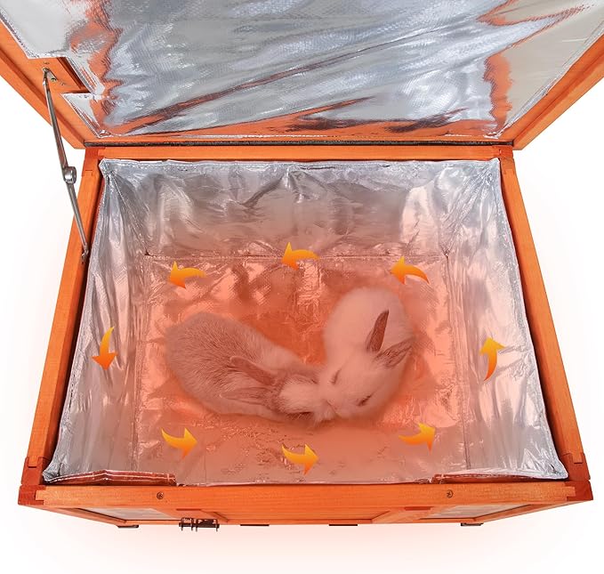 Coziwow 25" Insulated Cat House Bunny Hutch for Outdoor & Indoor Use - Solid Wood Rabbit Cage with Winter Warm Liner, Lightweight Weatherproof Shelter for Cats, Rabbits, Small Animals (Orange)