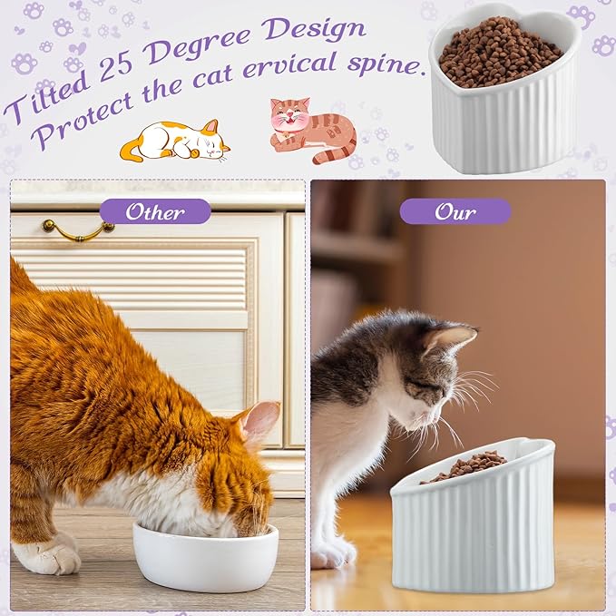 Mumufy 2 Pcs Ceramic Elevated Cat Bowls Tilted Elevated Raised Pet Bowls Anti Vomit Cat Dish for Indoor Stress Free Water Dish Feeder for Puppies, Heart Shaped(White, Purple)