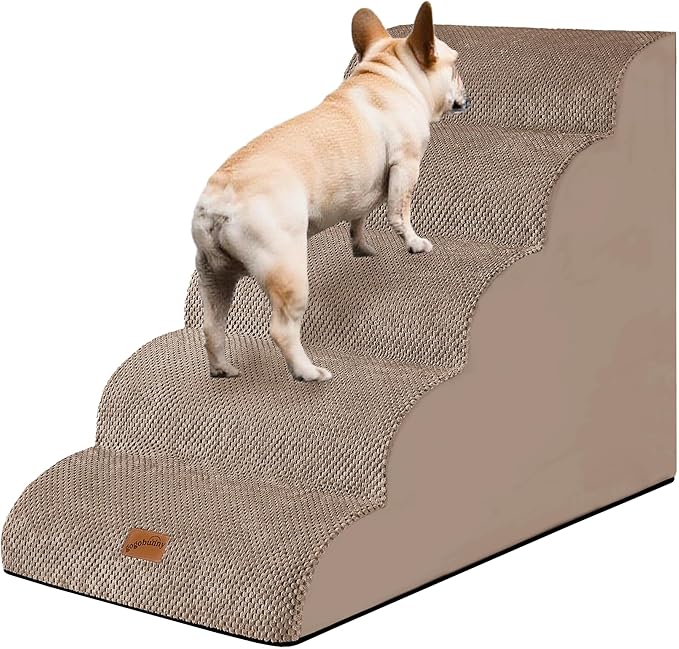 GoGoBunny Ramp Dog Stairs for High Beds 24.4" H, 5-Step Extra Wide Dog Slope Stairs with Durable Waterproof Fabric Cover, Pet Steps for Old Large Dogs Climbing, Non-Slip Sturdy Indoor Step, Camel