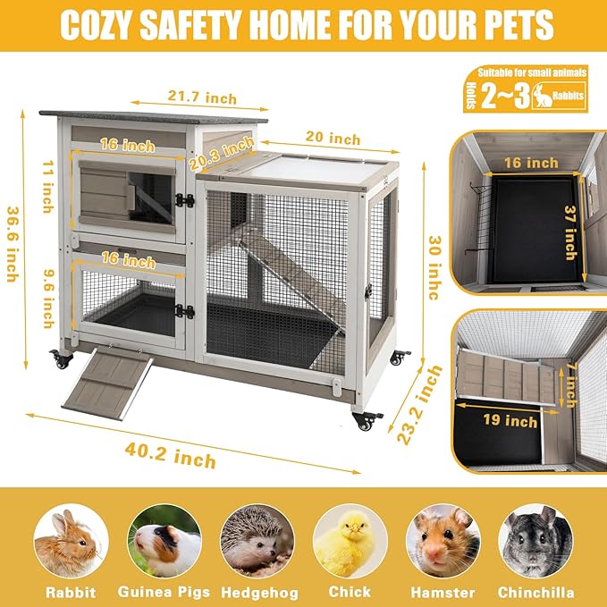 Gowoodhut 40" L Rabbit Hutch Indoor Wooden Bunny Hutch Outdoor 2 Story Rabbit Cage on Metal Wheels with Run and 2 Deeper Pull Out Trays Guinea Pig Pet House for Small Animals
