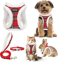 GAMUDA Small Dog Harness Collar and Leash Set, Step in No Chock No Pull Soft Mesh Adjustable Dog Vest Harnesses Plaid Reflective for Dogs Puppy Cats Kitten Rabbit (Warm Red, S)