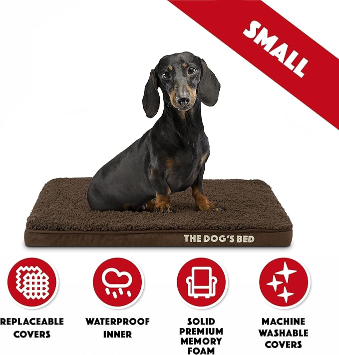 The Dog’s Bed Orthopedic Memory Foam Dog Bed for Small Dogs, Waterproof Washable Cover, Anti-Slip Base, Calming Surface – CertiPUR-Certified Foam, Brown Plush, 2 Inch Thick