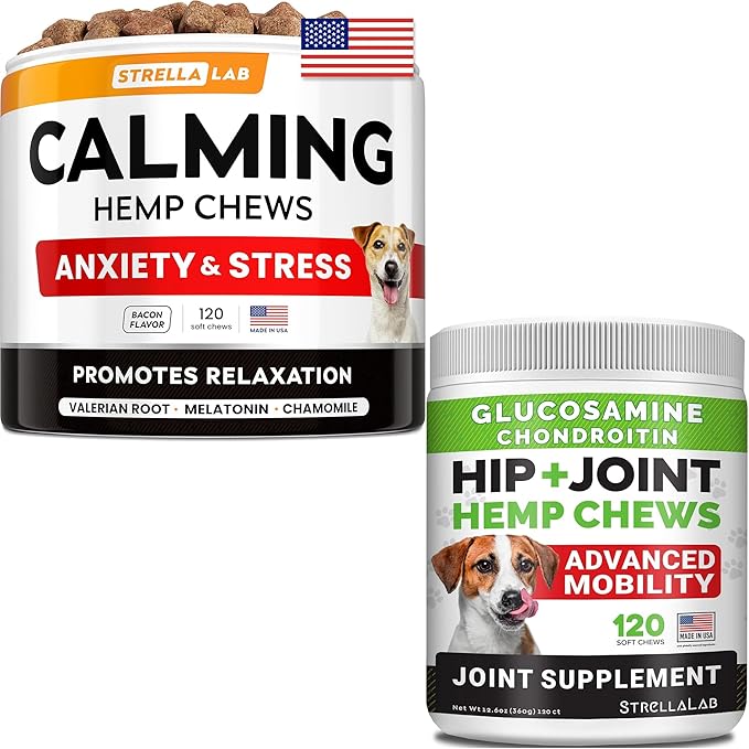 STRELLALAB Hemp Chews for Dogs - Bundle of Hip and Joint + Calming Supplement - Joint Pain & Anxiety Relief Treats - Advanced Mobility Support - Made in USA (Pack of 2, 240Ct)