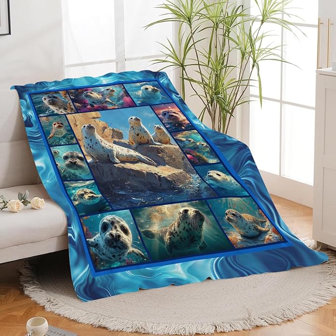 Seal Throw Blanket Ocean Seal Stuff Gifts for Kids Girls Boys Adults Women Men Soft Cozy Warm Plush Fluffy Fuzzy Fleece Blanket Decor 60''X80''
