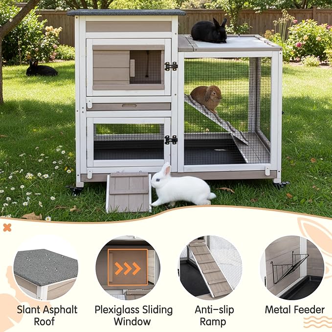 Rabbit Hutch Indoor Outdoor, 2-Story Bunny Cage Bunny Hutch Rabbit Cage with 2 Removable Trays, Metal Wheels, and UV Panel, Guinea Pig Pet House Hamster Cage