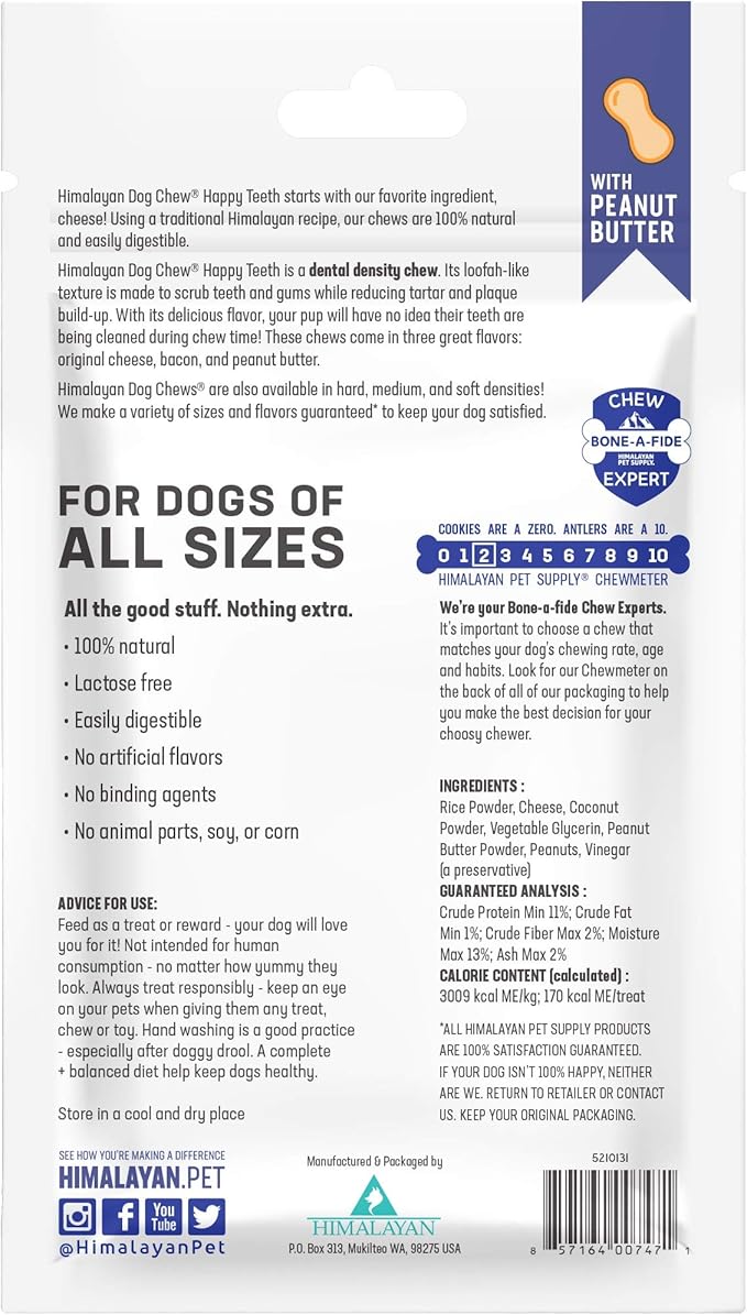 Himalayan Dog Chew Happy Teeth Yak Cheese, Soft Dog Chews, 100% Natural Soft Density Dental Treats, Gluten Free, Safe Treats for Oral Health, Lactose & Grain Free, Protein Rich, Peanut Butter 2 Count