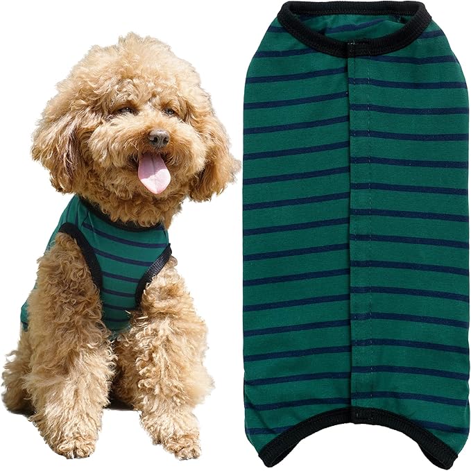 Dog’s Recovery Suit Post Surgery Shirt for Puppy, Wound Protective Clothes for Little Animals(Green Black Stripe-XL)