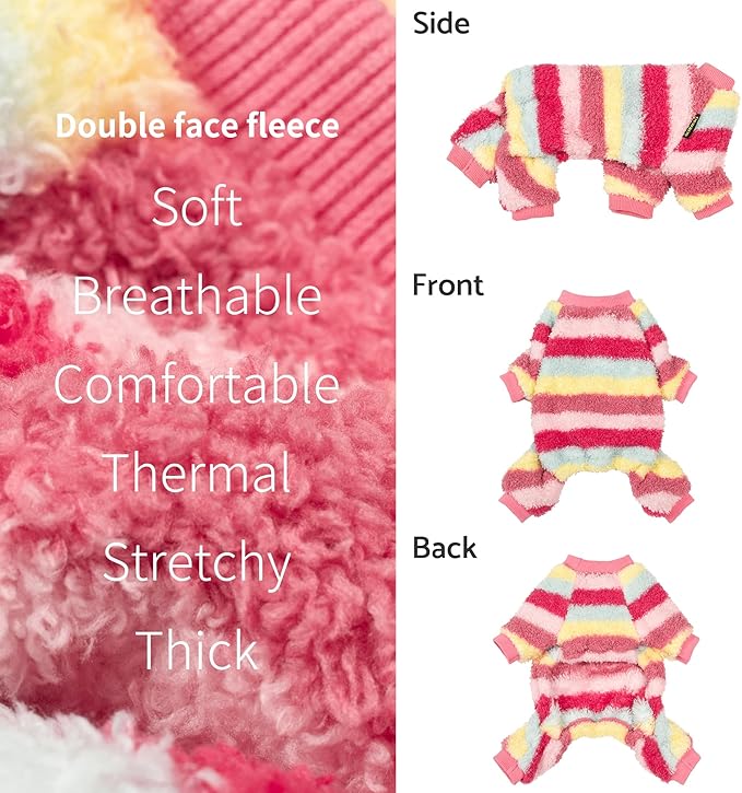 Fitwarm Fuzzy Striped Dog Fleece Pajamas, Warm Winter Clothes for Small Dogs Girl, Cozy Pet Outfit with Feet, Pink, Red, Yellow, XL