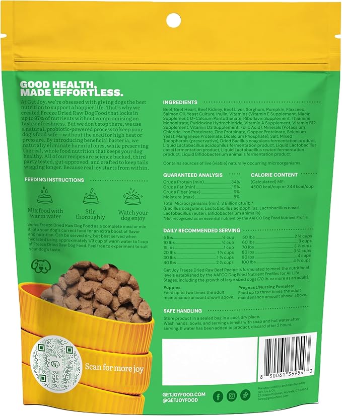 Get Joy Freeze Dried Dog Food | Beef Recipe with Superfoods for Gut Health & Digestion | Vet Formulated Meal or Topper for Puppy, Senior & Adult Dogs, 100% USDA Sourced, Seed Oil Free | 4oz Bag