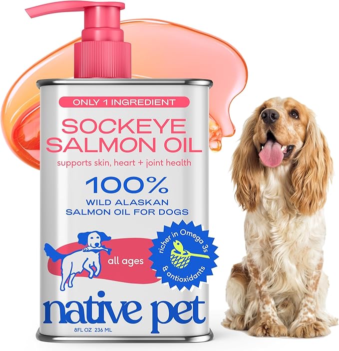 Native Pet Sockeye Salmon Oil for Dogs & Cats - Wild Alaskan Fish Oil for Dogs - Supports Strong Joints, Skin & Coat, Heart Health & Cognition - Single-Origin Pure Omega-3 EPA & DHA - 8oz