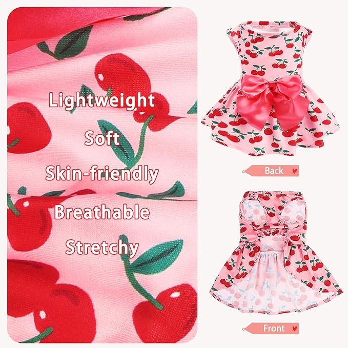 PUPTECK Print Dog Dress Pet Apparel with Cute Bowtie Puppy Clothes Outfit, Cherry, S
