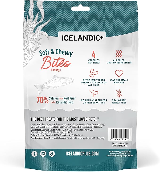 Icelandic+ Soft & Chewy Bites - Salmon, Cranberry & Kelp - 2.8oz Dog Treats, 70% Meat & Fruit, Air-Dried, Limited Ingredients, Pet Snack, Grain Free