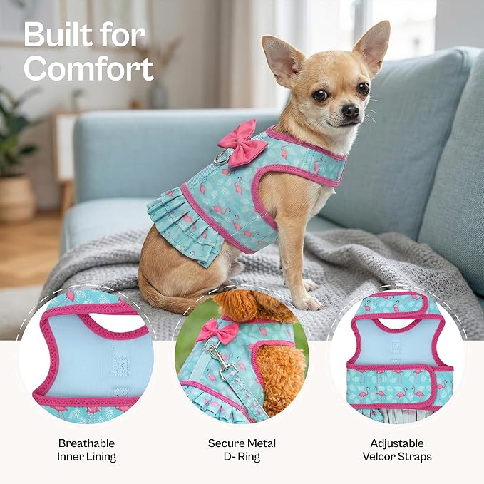 Parisian Pet Flamingo Dog Harness Dress - Breathable No Pull Puppy Dress with Leash Ring - 100% Mesh Fabric Harnesses for Dogs - Soft Padded Step in Pet Vest - All Weather Dog Harness Small Sized Dogs
