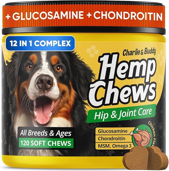 Glucosamine for Dogs - Hеmp Calming Chews with Glucosamine & Chondroitin - Daily Support with MSM, Omega 3 and Turmeric for Senior and Large Breed Dogs - Chicken Flavor, 120 Soft Treats