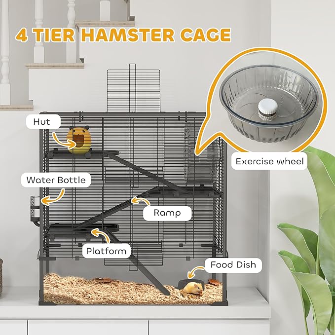 PawHut Large Hamster Cage with 9" Deep Tempered Glass Bottom, 4 Tiers Hamster Tank with Running Wheel, Hut, Water Bottle, Dish, Rat Cage for Syrian, Dwarf, Gerbils, Mouse, 31" x 19" x 31.5", Black