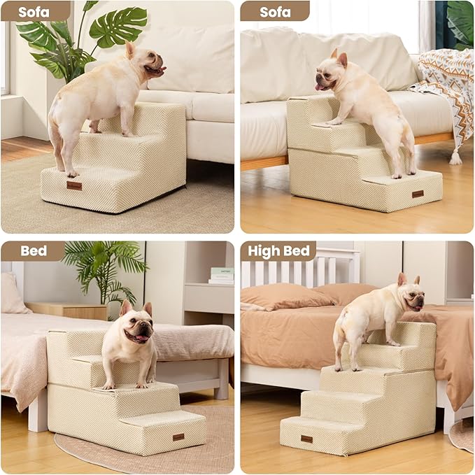 Aodisman Dog Stairs for Small Dogs & Cats, 3-Step Extra Wide Non-Slip Pet Steps for Couch Sofa and Chair, Beige, 15.7" H