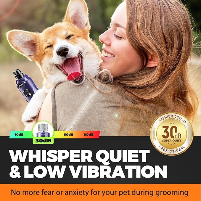 Whisper Quiet Dog Nail Grinder with LED Light, Safe & Stress-Free for Sensitive Dogs of All Breeds & Sizes, 3 Grinding Bits, 3-Speed, Pet Nail Trimmers, Rechargeable Painless Grooming Kit Blue