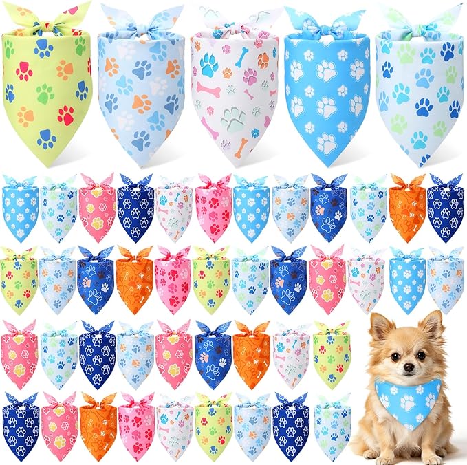 Weewooday 50 Pcs Paw Print Dog Bandanas Bulk for Dogs Soft Bibs Adjustable Triangle Pet Bandana for Small Medium Large Costume(paw Pattern, 19.7 x 13.8 x 13.8 Inch)