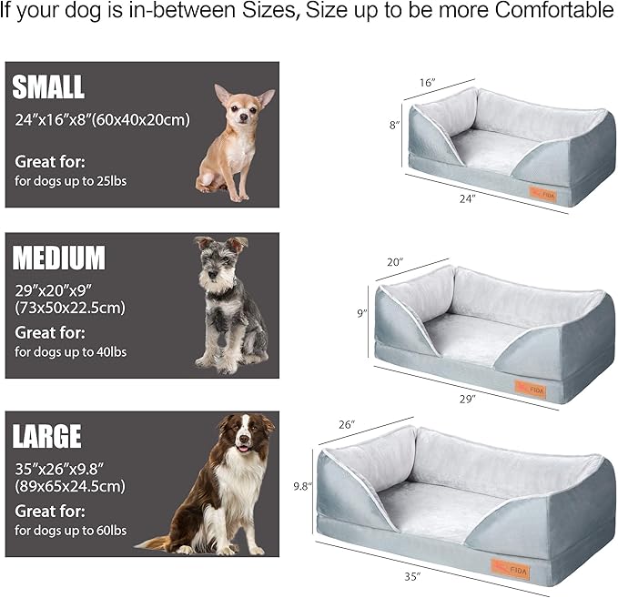 Fida Orthopedic Dog Bed with Memory Foam Base - Dog Lounge Sofa with Removable Washable Cover, Pets Couch Beds for Small Dogs & Cats (Large, Grey)