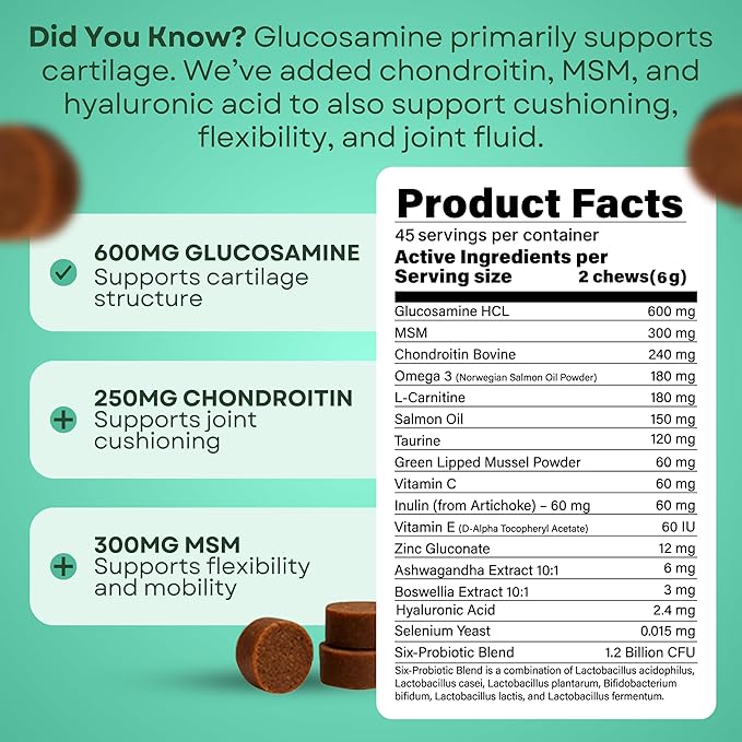 High-Performance & Longevity Soft Chews for Hunting, Sport and Working Dogs with Glucosamine, Chondroitin, Omega-3, Antioxidants, Ashwagandha, Probiotics, Beef Flavor, 90 Count