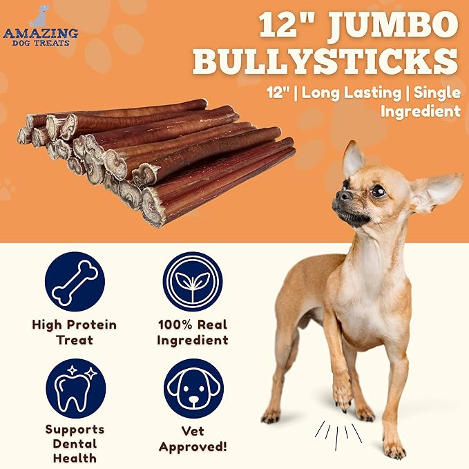 Amazing Dog Treats Bully Sticks 12 Inch - Extra Thick, Long Lasting - 5 Pcs/Pck
