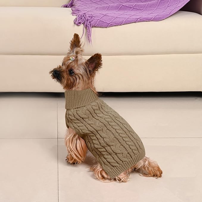 2 Pack Dog Sweaters for Small Dogs Winter Turtleneck Pullover Cable Knit Fleece Stretch Puppy Doggie Chihuahua Toy Poodle Yorkie Pomeranian Boy Girl Pet Clothes (S, Green & Brown)