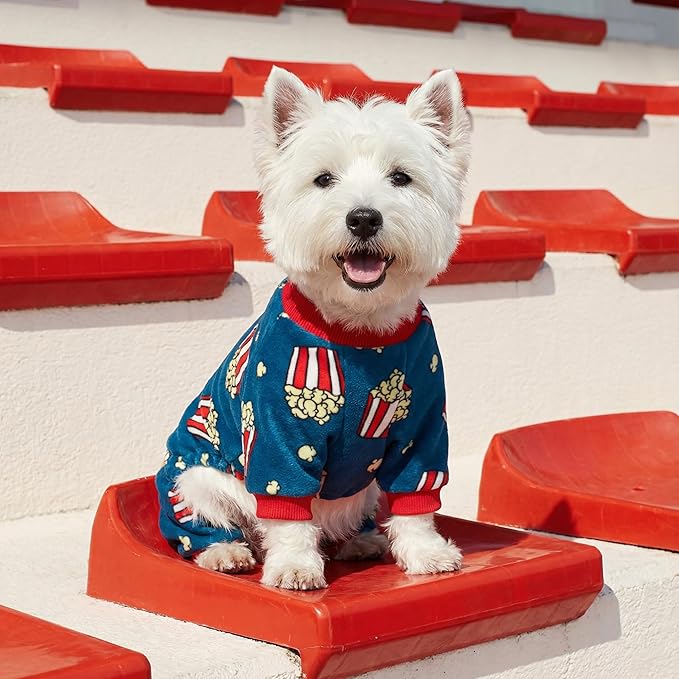 Fitwarm Popcorn Dog Pajamas, Funny Dog Clothes for Small Dogs Boy Girl, Fleece Pet Onesie with Feet, Blue, Red, White, Yellow, XS