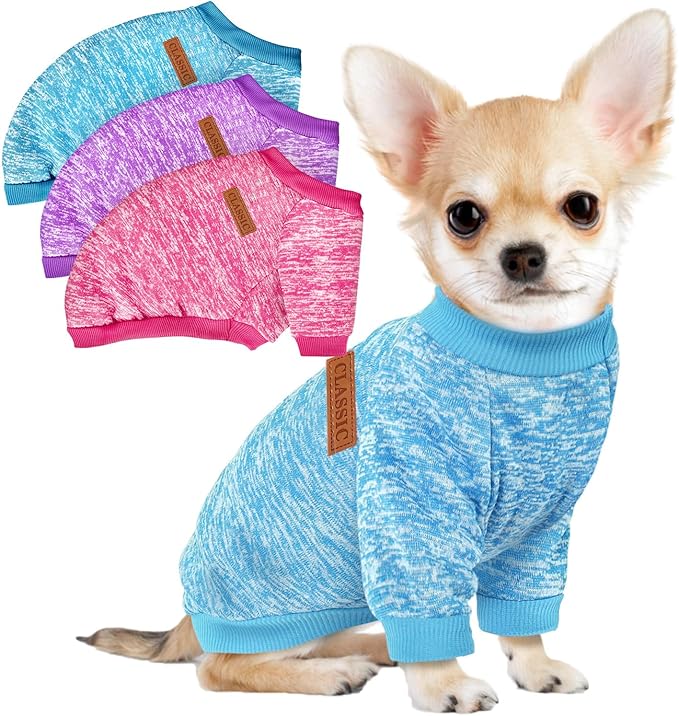 3 Pack Dog Sweaters for Small Dogs Girl Boy Winter Fleece Clothes Warm Soft Dog Sweatshirt Outfit for Dogs Cats Pet Apparel (Rose+Light Blue+Purple, XX-Small)