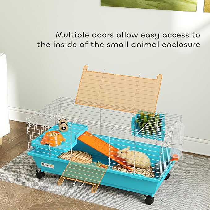 PawHut 35" L Small Animal Cage, Rolling Bunny Cage, Guinea Pig Cage with Food Dish, Water Bottle, Hay Feeder, Platform, Ramp for Chinchilla, Blue