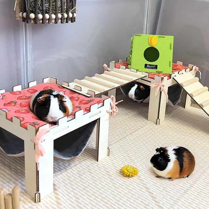 2PCS Guinea Pig Hideout with Hammock,Large Wooden Guinea Pig House with Stairs and Mats,Detachable Guinea Piggy Hide for Small Animals Hamster Ferret Chinchilla Habitats Accessories