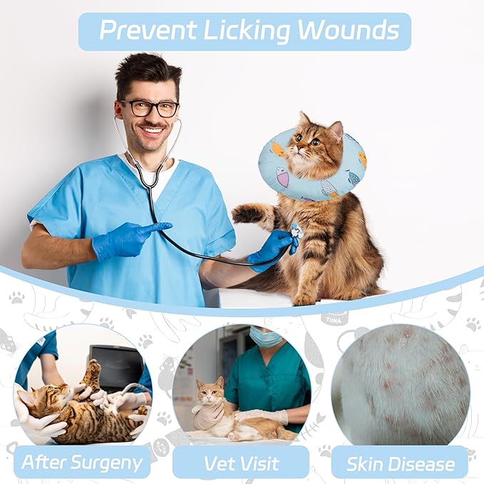 Seyezo Cat Cone Collar Soft, Kitten Spay Soft Cones to Stop Licking, Cat Neck Donut Pillow After Surgery, Kittens Protective Collar After Spay, Cute Recovery Cone for Cats (Blue Fish, Small)