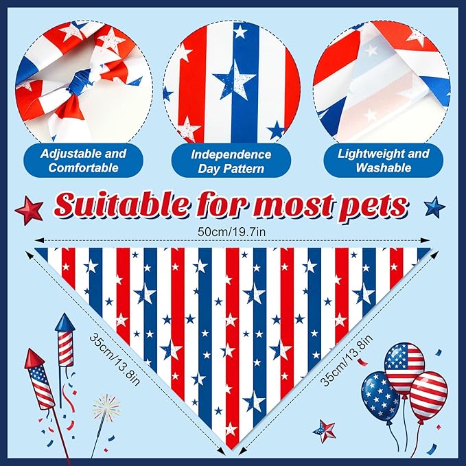 Weewooday 50 Pcs 4th of July Dog Bandanas Bulk for Patriotic American Striped Star Red White and Blue Independence Day Flag Scarf for Small Medium Large Outfit(Striped Star, 19.7 x 13.8 x 13.8 Inch)