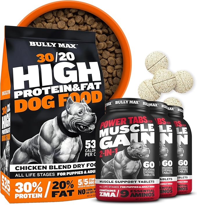 Bully Max High Protein & Fat Dog Food + Muscle Builder Tablets - Premium High-Calorie Dry Dog Food (40lb. Bag) with Chewable Muscle Support Supplement (3 Bottles, 60tabs/bottle) - For Puppies & Adults